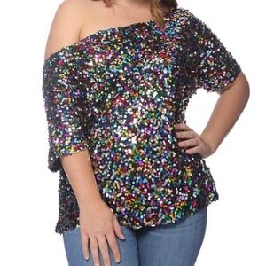 Anna-Kaci 2X Top One Shoulder All Over Sequin Club Holiday NYE Date Night Glam